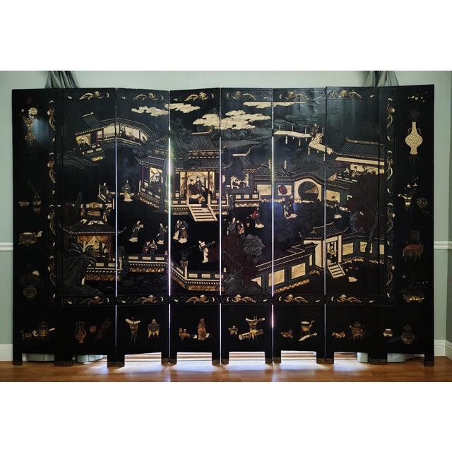 Grand Chinese Export Eight Panel Lacquered Coromandel For Sale - Image 16 of 17
