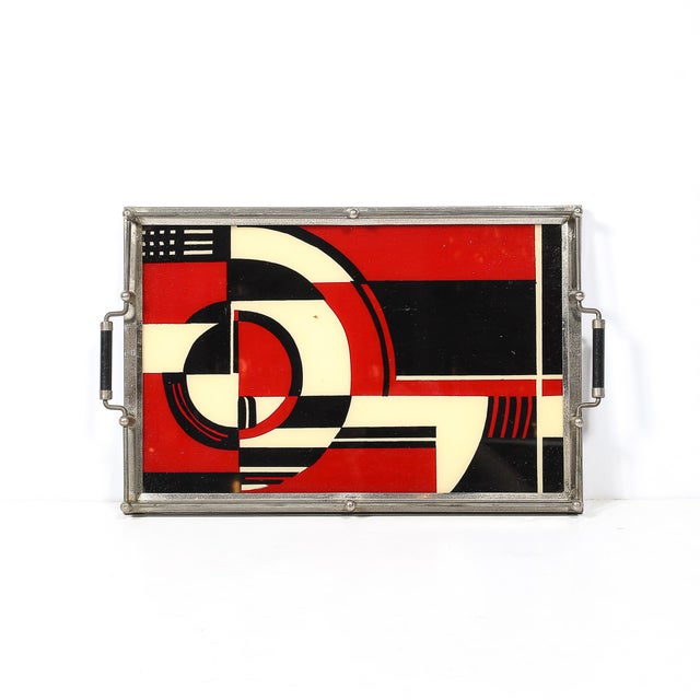 Red Documented Art Deco Spiral Cubist Eglomise White, Cream & Black Detailed Tray For Sale - Image 8 of 10