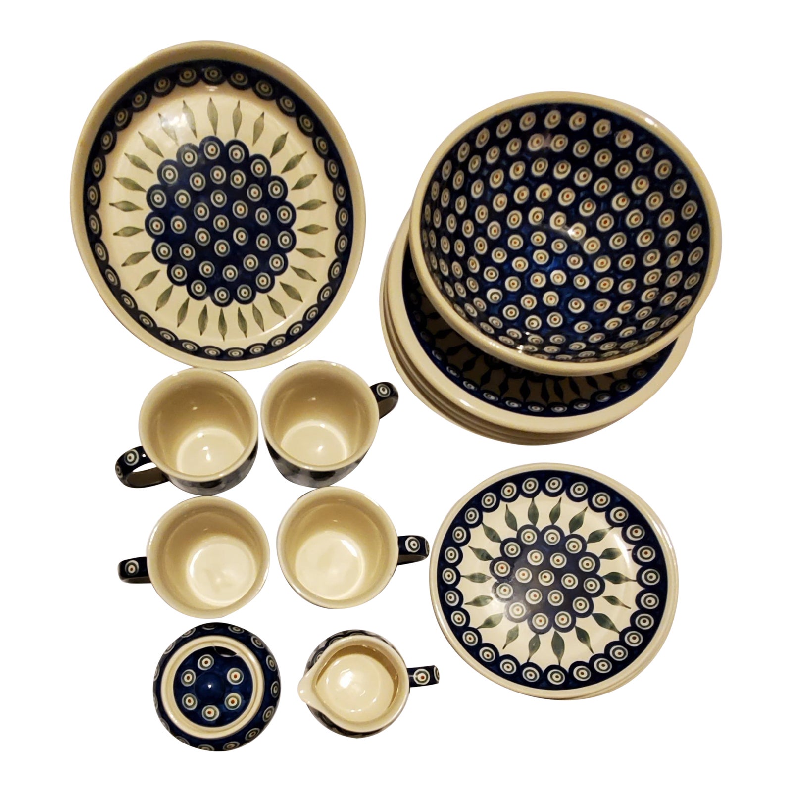 Boleslawiec Polish Pottery Peacock Pattern Dinnerware - 16 Piece Set