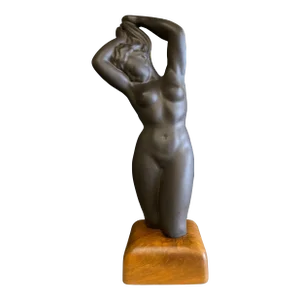 Circa 1940s French Bronze Glazed Ceramic Statue of Nude Female, Louis Giraud