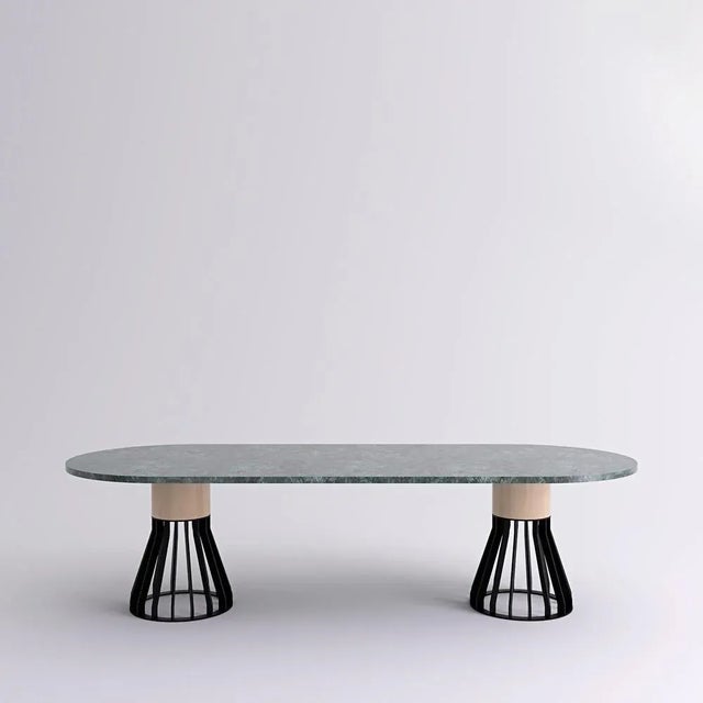 Indian green marble "mewoma" dinner table - jonah takagi. Dimensions: 280 w x 110 d x 74 h cm. Materials: indian green...