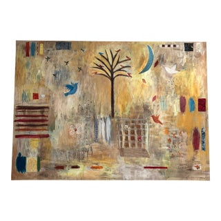 Yellow Spruce Series Hummingbirds" by Pamela Smilow. Warm and Joyful XLarge Painting Full of Birds and Whimsy For Sale