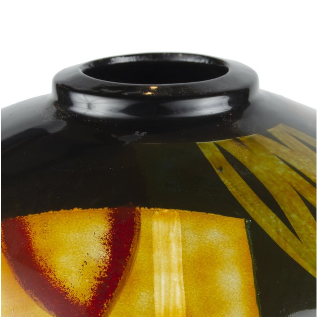 Early 20th Century Art Déco Enameled Ceramic Bulbous Decorative Vase With Vegetal and Geometric Motifs, France For Sale - Image 6 of 9