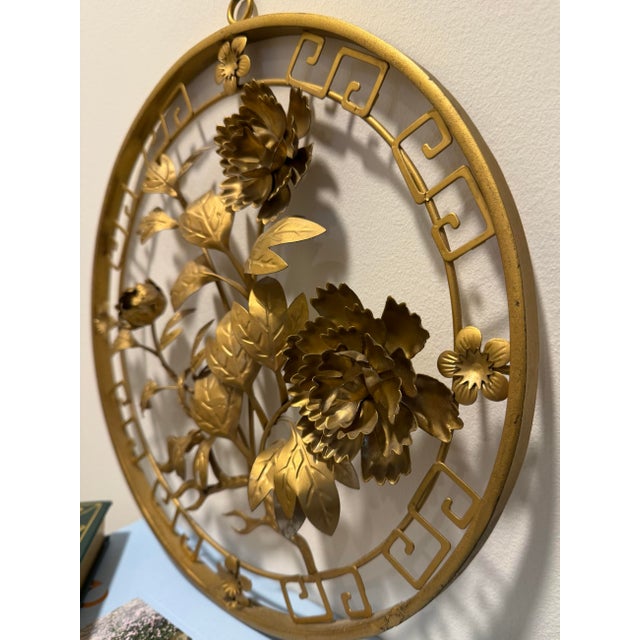 Vintage Mid 20th Century Gold Metal Asian Flower Wall Decor For Sale In Chicago - Image 6 of 9