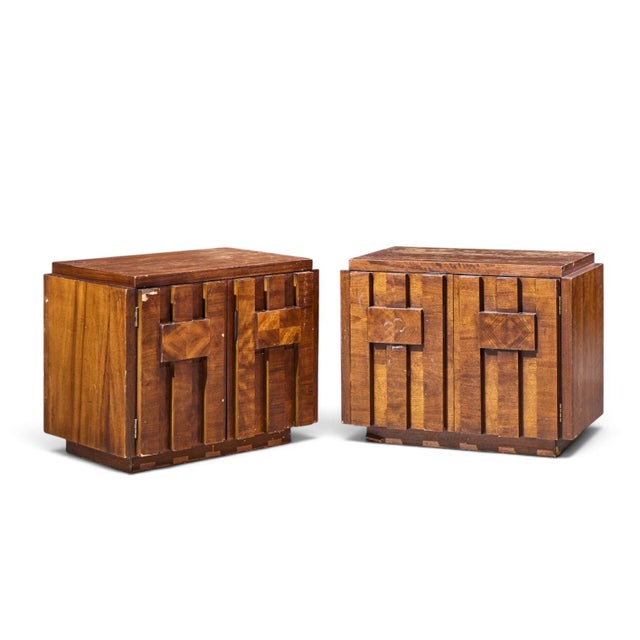 Lane Staccato Brutalist Mid Century Walnut Nightstands - Pair Each nightstand measures: 27.75 wide x 17.25 deep x 22.25...