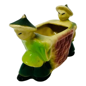 Vintage Ceramic Shawnee Planter Asian Men Carrying Basket Made in the Usa