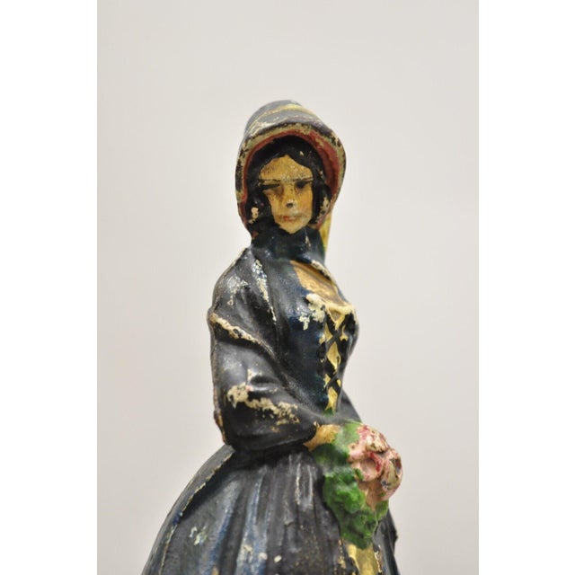 Antique Victorian Cast Iron Figural Colonial Woman Painted Door Stop For Sale - Image 4 of 9
