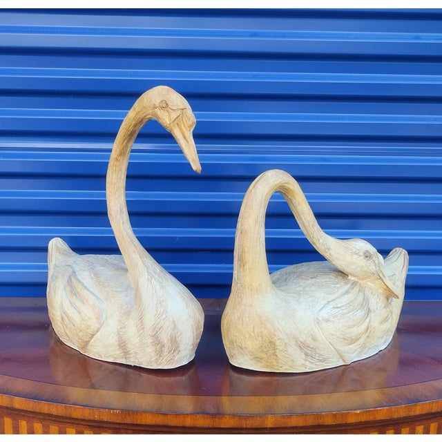 Vintage Faux Bois Ceramic Carved Large Swan Statue Room Decor Sculpture