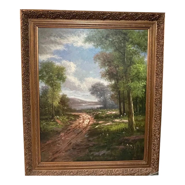 1960s 72 Inch Massive and Monumental Landscape Oil Painting Ornate Frame For Sale