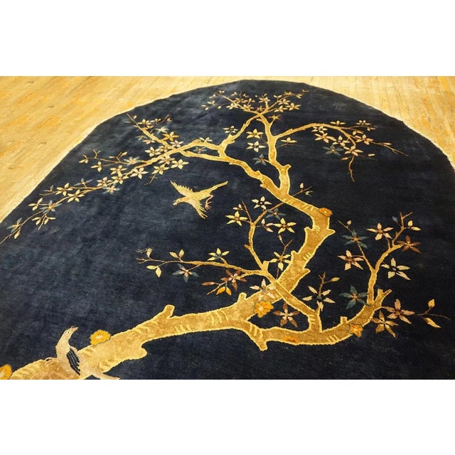 Art Deco 1920s Navy Blue Birds Flowers Art Deco Antique Oval Chinese Peking Wool Rug For Sale - Image 3 of 15