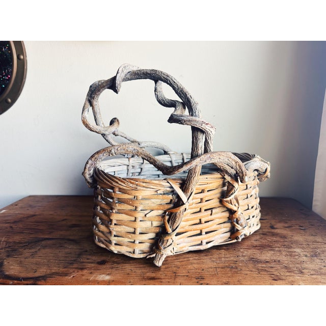 Vintage Twig Handle Basket Woven Oval For Sale - Image 4 of 12