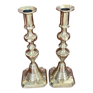 Mid 19th Century Pair of Antique Brass Beehive Candlesticks For Sale