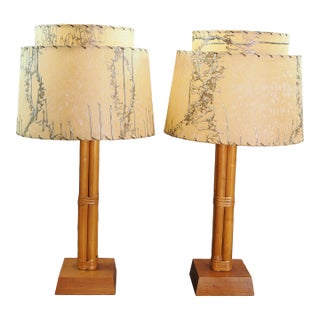 1960s Mid-Century Rattan Lamps With Two Tiered Fiberglass Drum Shades, Pair For Sale