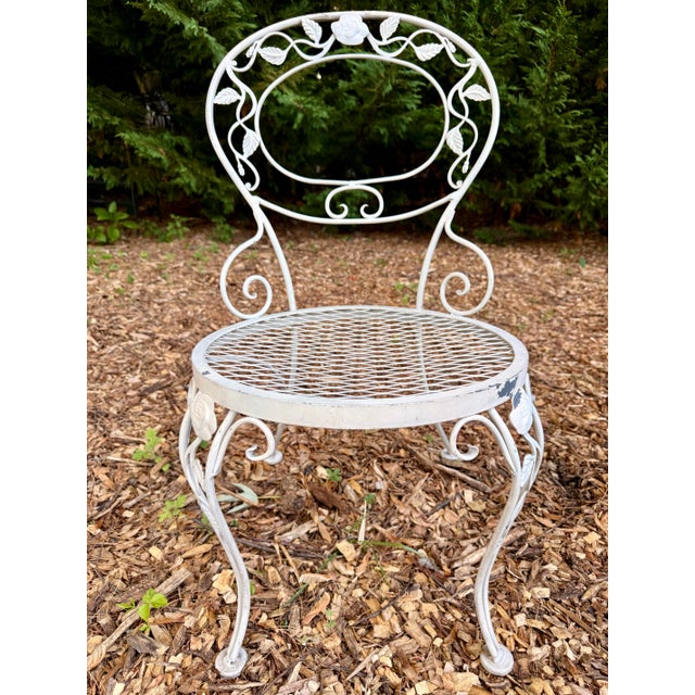 French Country Vintage Woodard Chantilly Rose Wrought Iron Side Chairs — Set of 3 | Original White / Grey Paint | Stamped Maker’s Mark For Sale - Image 3 of 12