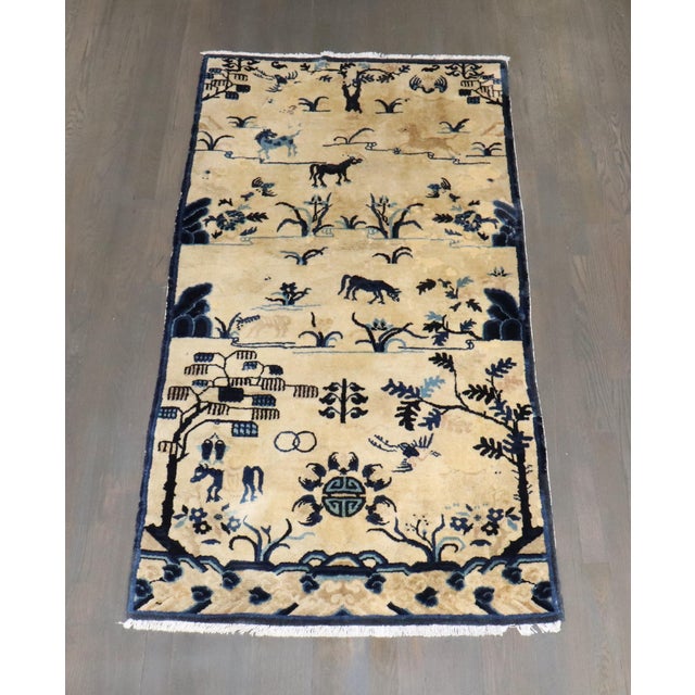 Traditional Antique Zabihi Collection Beige Blue Color Pictorial Chinese Rug - 3' x 5'8" For Sale - Image 3 of 9