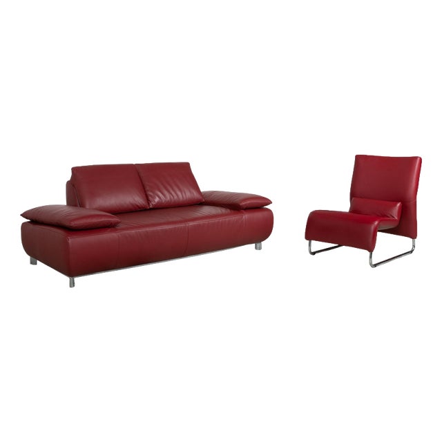 Volare Set Leather Two-Seater and Armchair in Red with Manual Function from Koinor, Set of 2 For Sale