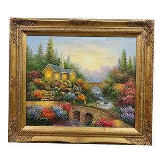 Late 20th Century C. Jaffey Cottage Garden Stream Landscape Oil Painting on Canvas 31" For Sale