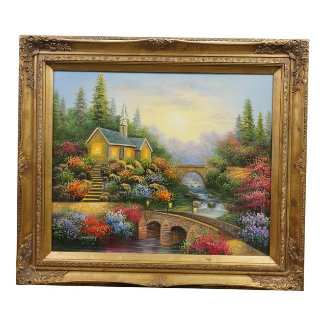 Late 20th Century C. Jaffey Cottage Garden Stream Landscape Oil Painting on Canvas 31" For Sale