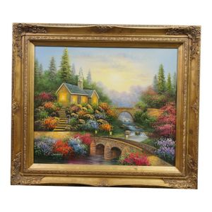 Late 20th Century C. Jaffey Cottage Garden Stream Landscape Oil Painting on Canvas 31"