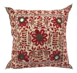 19th Century, Rajasthani Colorful Embroidery and Mirrored Decorative Pillow
