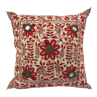 19th Century Rajasthani Silk Embroidered Mirrorwork Pillow With Birds and Flowers For Sale