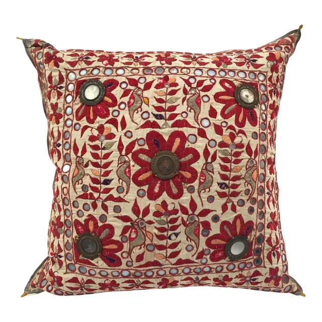 19th Century Rajasthani Silk Embroidered Mirrorwork Pillow With Birds and Flowers For Sale