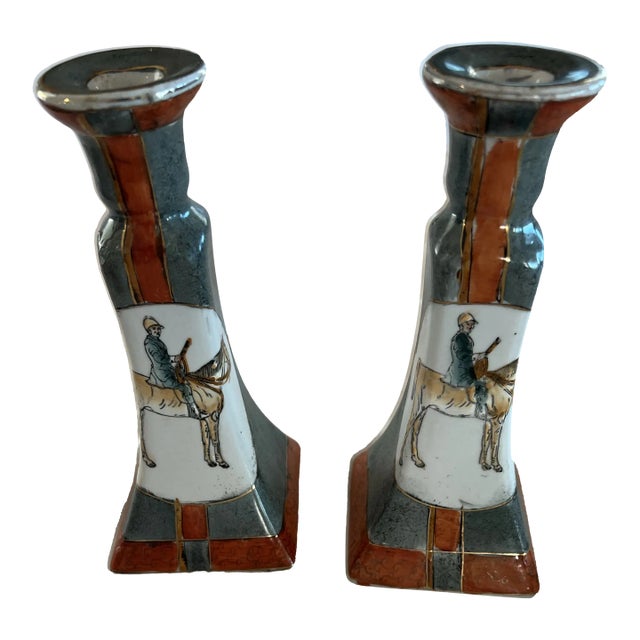Equestrian Candlesticks in Burnt Orange and Gray a Pair For Sale