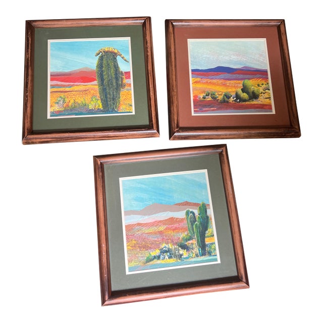 1970s Trio of Desert Cactus Paintings in Wooden Frames, Set of 3 For Sale
