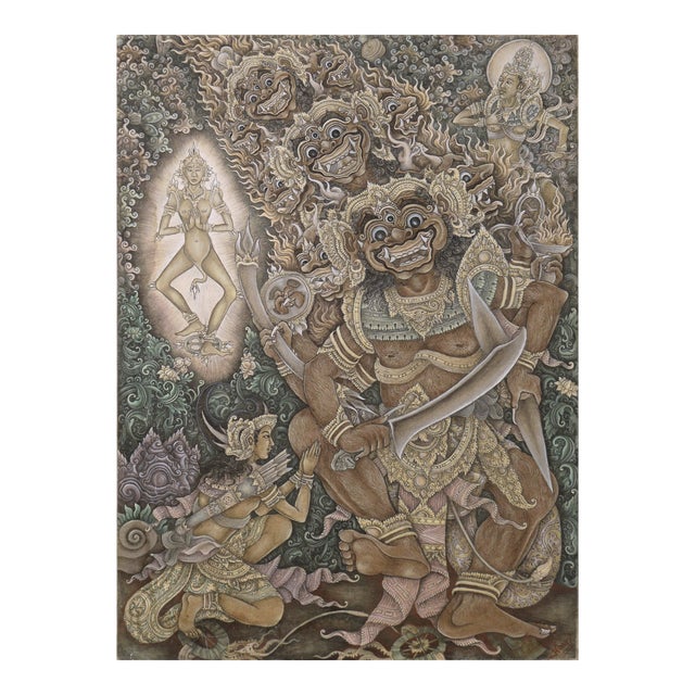 The Goddess Kali Appears to a Hunter - Vintage Balinese Ubud Painting Mask Dance by Konci For Sale