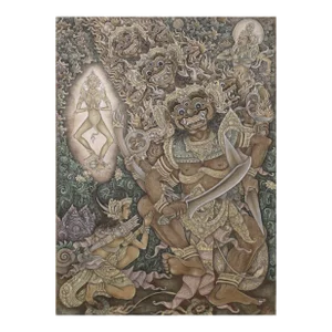 The Goddess Kali Appears to a Hunter - Vintage Balinese Ubud Painting Mask Dance by Konci