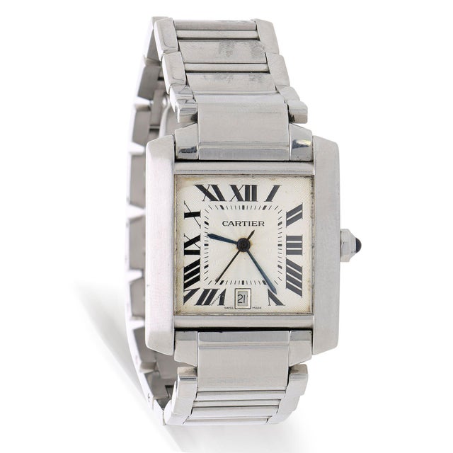 Cartier 1990s Cartier Tank Francaise 2302 Large Steel Guilloche Roman Dial Blue Hands Watch For Sale - Image 4 of 12