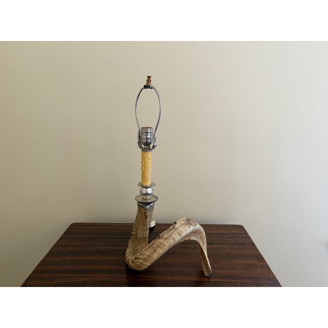 Metal Vintage Ram’s Horn Table Lamp – Rustic English Country House Style Lighting For Sale - Image 7 of 10