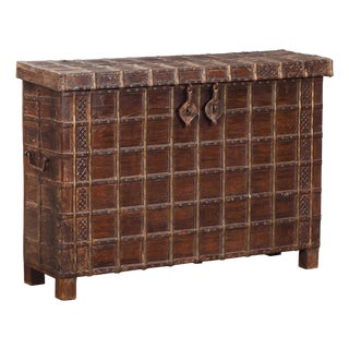 Antique Indian Teakwood and Brass Pitara Chest Console For Sale