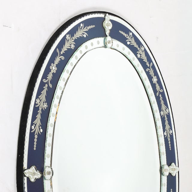 Mid-Century Venetian Glass Reverse-Etched Oval Mirror W/ Sapphire Blue Border For Sale - Image 13 of 16