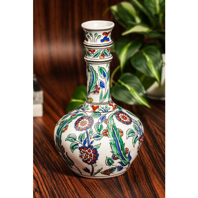 Mediterranean Vintage Mediterranean Hand Painted Colorful Rhodish Floral Pattern Ceramic Vase For Sale - Image 3 of 11