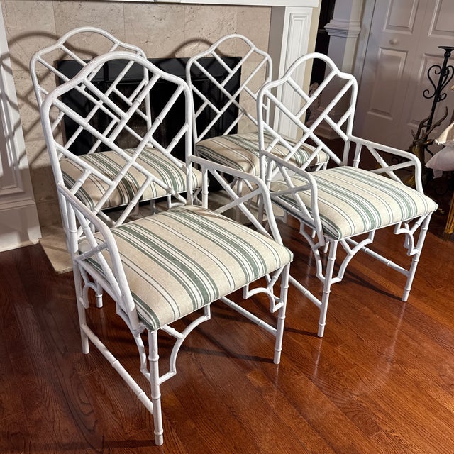 1970s Set of 4 Faux Bamboo Chippendale Arm Chairs For Sale - Image 9 of 12