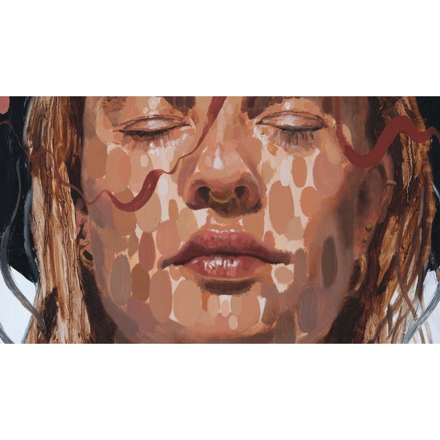 Common Thread 2 by Stefan Smit | Oil on Panel Portrait of a woman with closed eyes and abstract patterns For Sale - Image 4 of 5