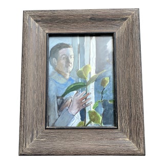 1970’s Original Abstract Expressionist Male Portrait Painting Distressed Wood Frame For Sale