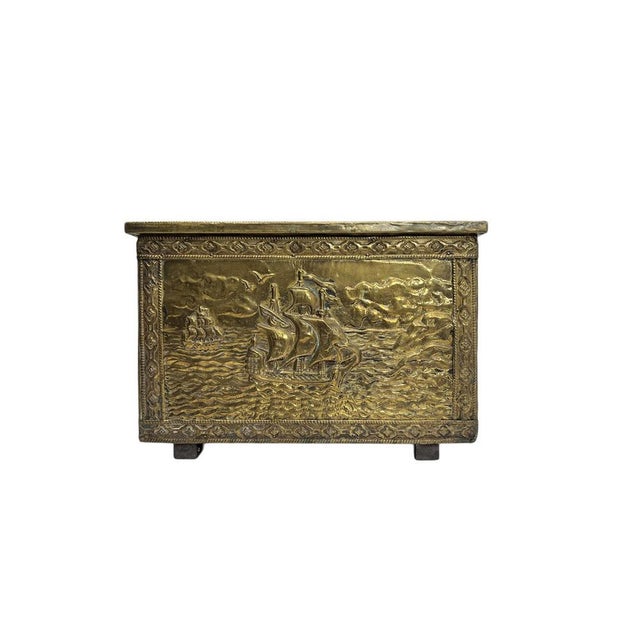Ornate Embossed Brass Log Box with Ships Scène, 1920s For Sale - Image 13 of 13