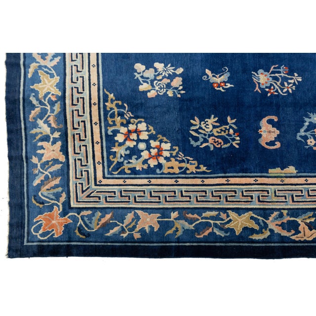 Antique Chinese Wool Rug – Blue Field, Floral Medallion, Early 20th Century For Sale - Image 4 of 11