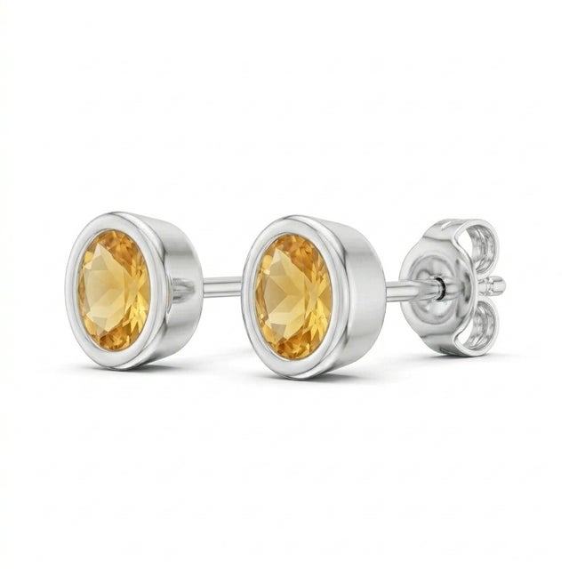 Contemporary Citrine Oval Bezel Setting 925 Silver Studs, November Birthstone Studs - A Pair For Sale - Image 3 of 3