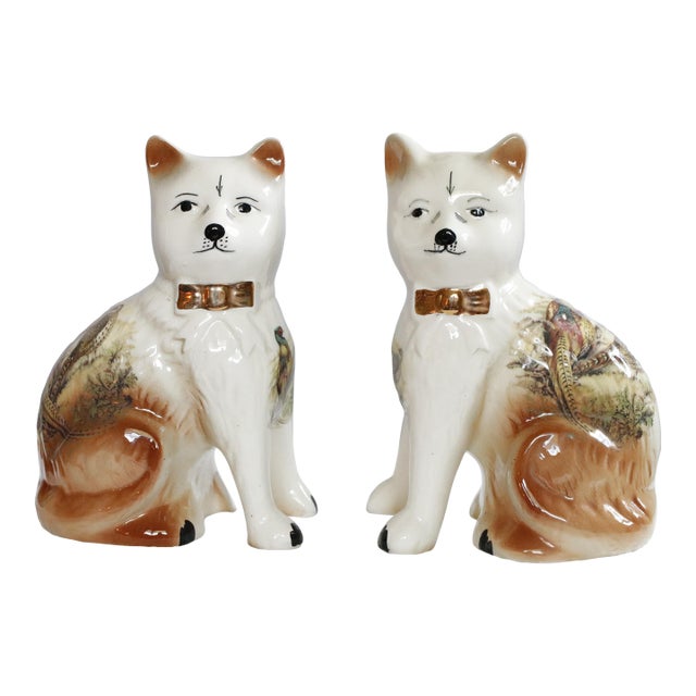 Pair of Staffordshire English Porcelain Cats With Painted Pheasants For Sale