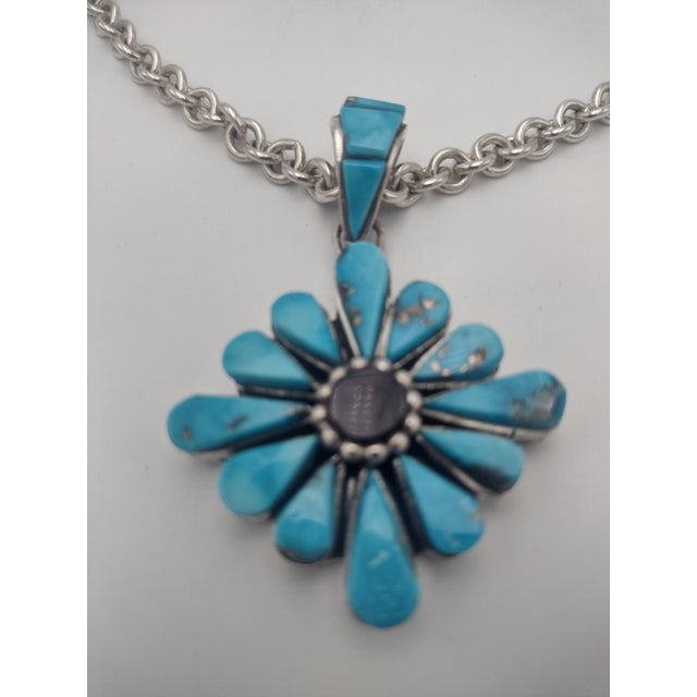 Kingman Turquoise & Sugilite Inlay Flower Pendant by Na Na Ping Authentic Native American Handmade For Sale In Santa Fe - Image 6 of 6