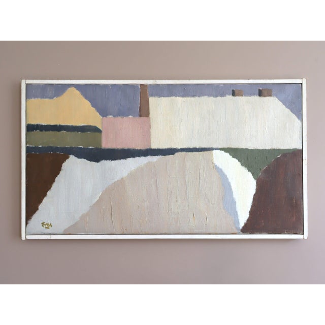 PASTEL SETTLEMENT Size: 14.9 x 27 inches (including frame) Oil on canvas A soothing mid-century modernist composition that...