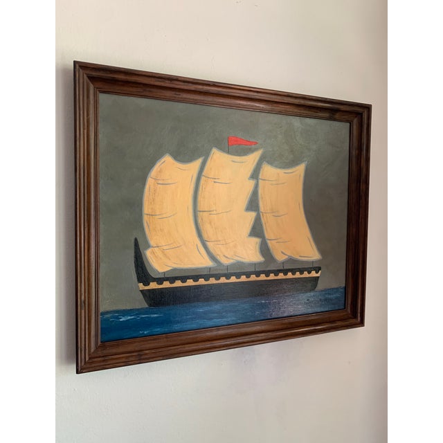 A richly layered maritime scene set against a moody grey-green sky, giving the piece a quiet depth and atmospheric feel....