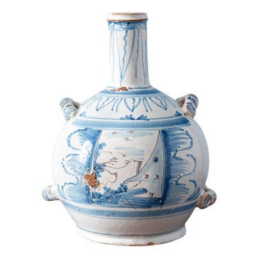 Blue and White Faience Bottle from Nevers, 18th Century For Sale