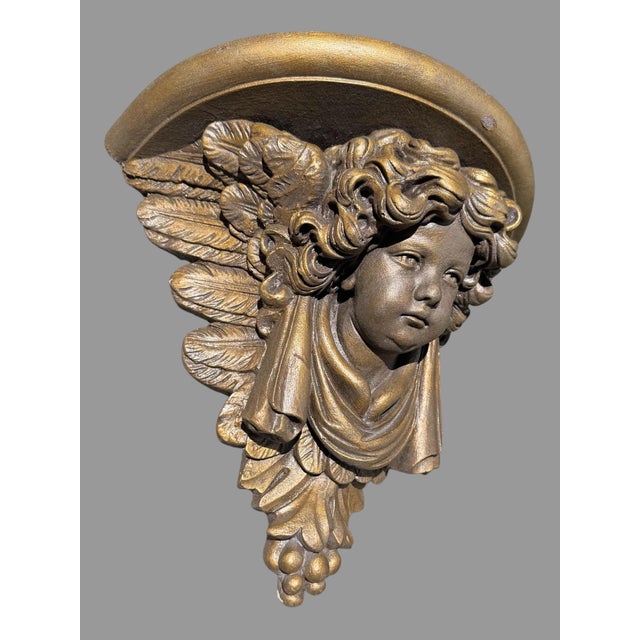 Early 21st Century Pair of Figural Cast Resin Hanging Wall Shelves With Winged Cupid Angel Heads For Sale - Image 5 of 9