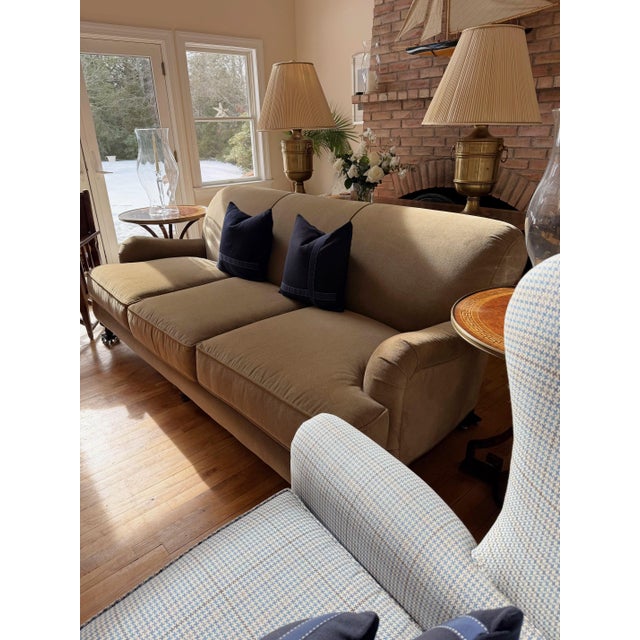 Custom Classic Roll Arm 3 Seat Sofa Upholstered in Velvet by Restoration Hardware, Attributed to George Smith For Sale - Image 18 of 18