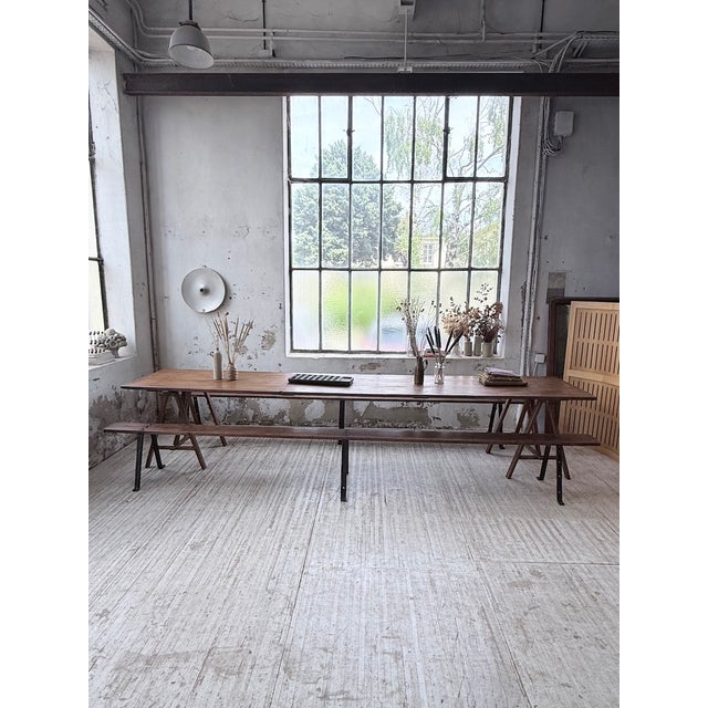 Trestle Farm Table and Benches, 1950s, Set of 3 For Sale - Image 10 of 18