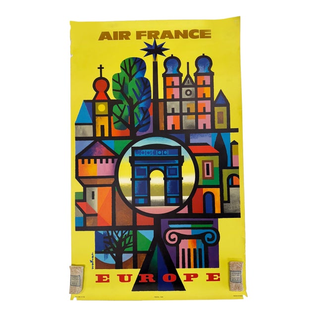 C. 1960s, Air France – Europe, Bold Modernist, Original Vintage Lithograph Travel Poster Printed in France, Artist Jacques Nathan-Garamond For Sale